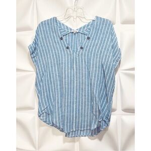 Rails Sz S Blue White Linen Blend Pinstripe Grommet V Neck Tunic Top Blouse